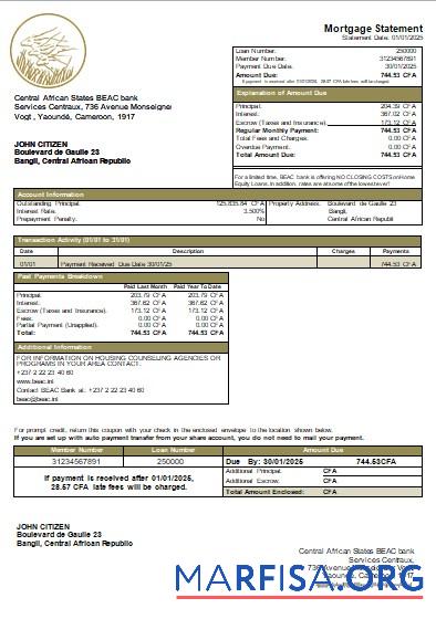Realistic Central African Republic BEAC bank mortgage statement scr download for verification